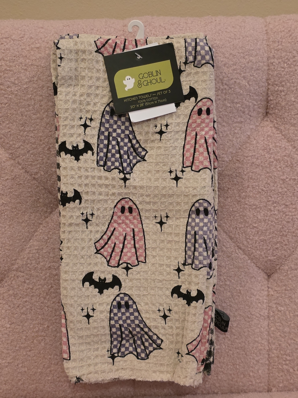 Goblin & Ghoul branded waffle weave Ghost And Bats kitchen towels